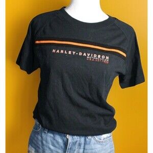 VTG Y2K year 2002 Harley Davidson H-D Women’s Shirt Black & Orange Stripe Sz L